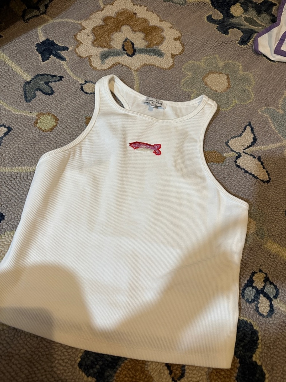 White Ribbed Tank Top with Pink Fish Embroidery